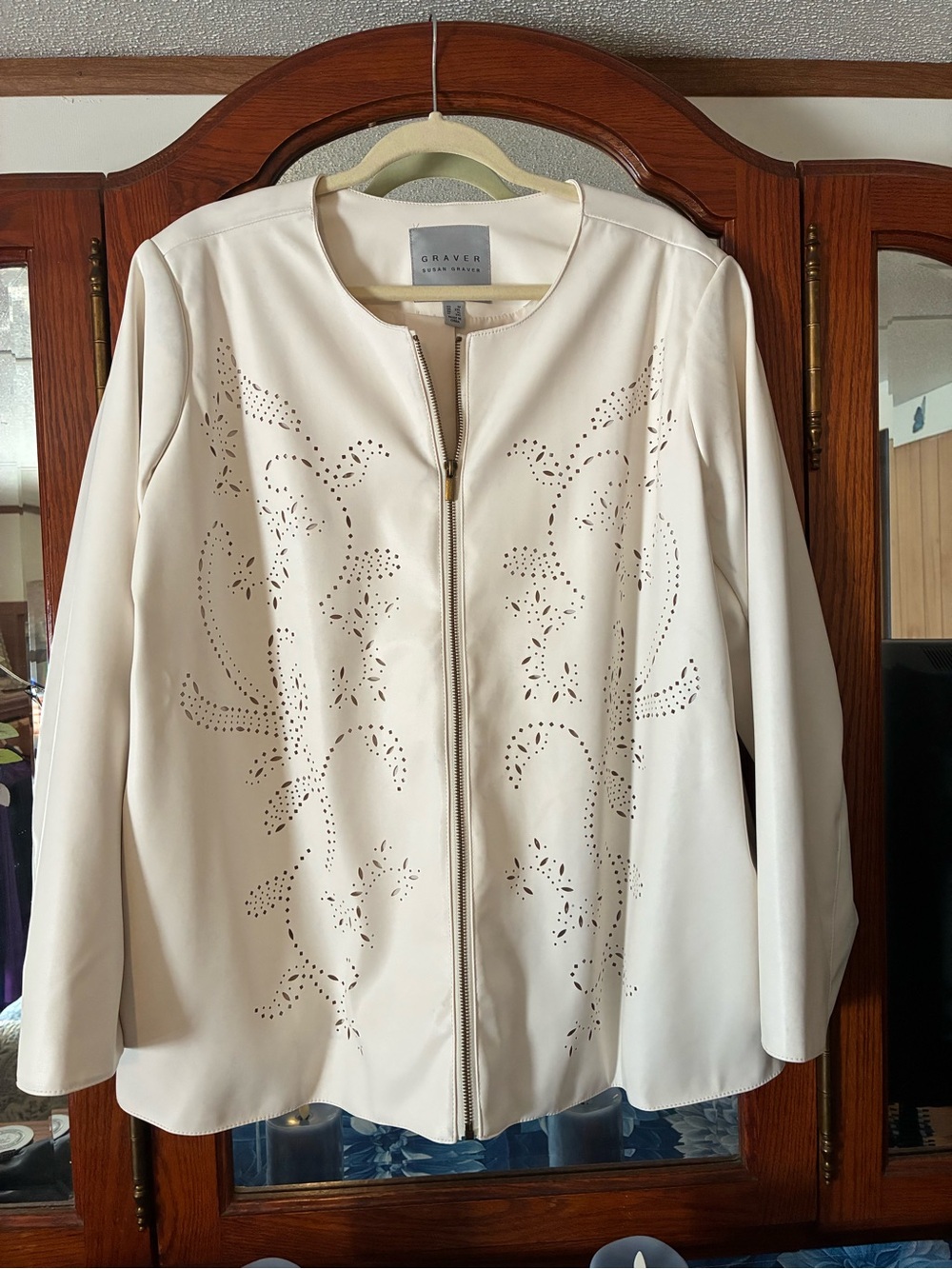 Susan Graver Cream Laser-Cut Zip Front Blazer